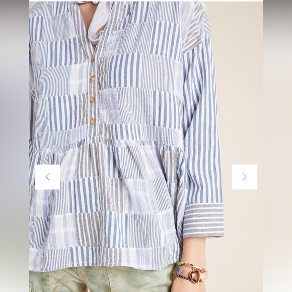 Maeve Anthropologie Size XL Zoe Swing Top Striped Patchwork Oversized Blue White - Picture 5 of 16